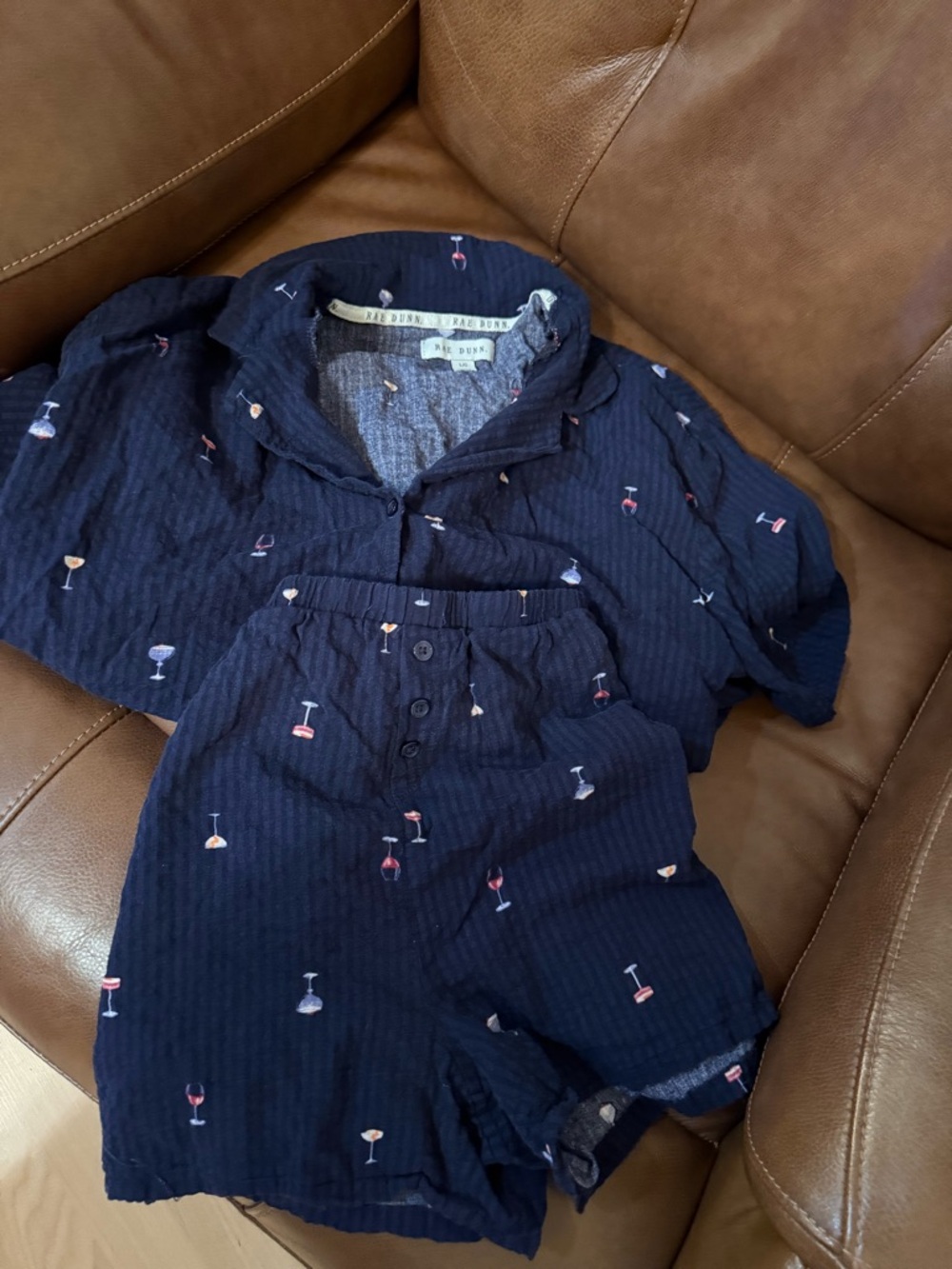 Rae Dunn Navy Blue Short Pajama Set with Cocktail Glass Print